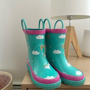 Kids Teal Unicorn Rain Boots with Pink Trim